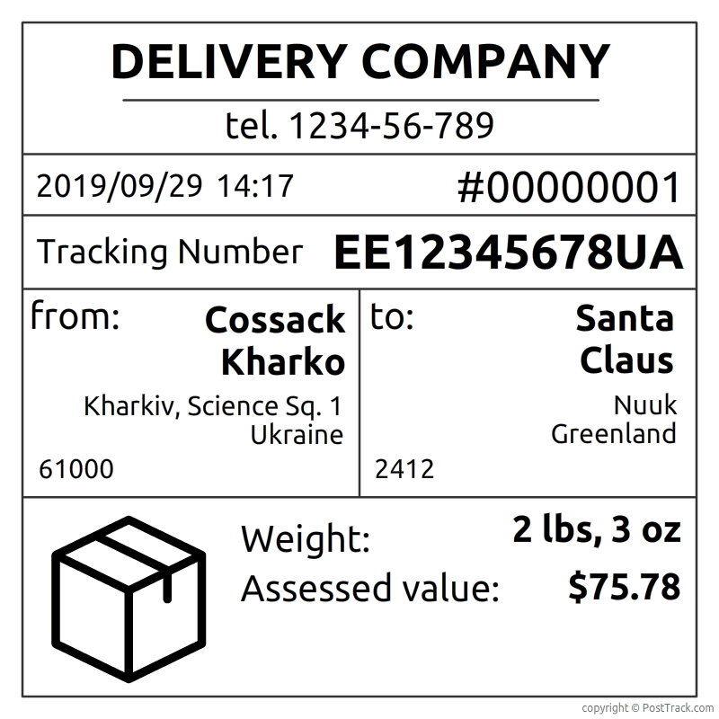 Example of a postal receipt with a tracking number